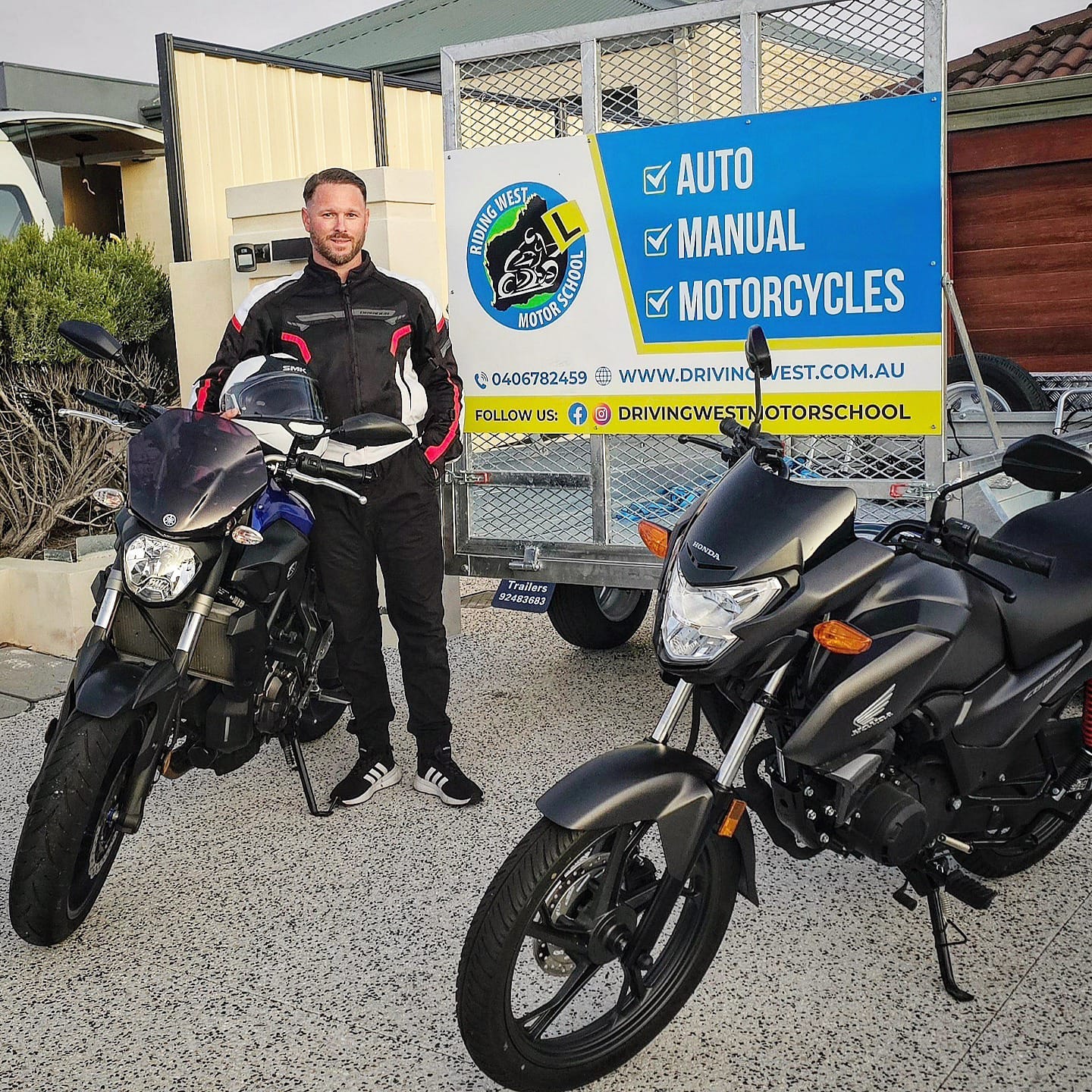 Riding West motorcycle training bikes and trailer