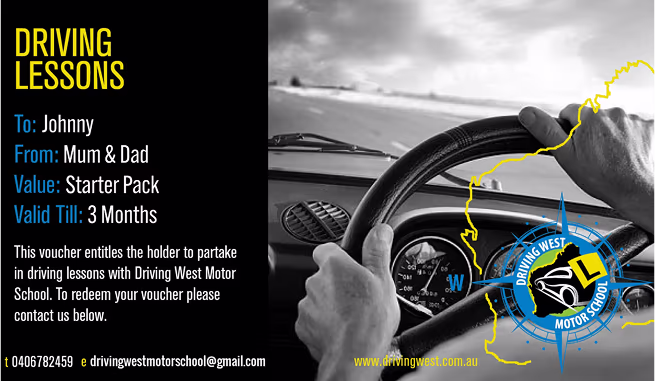 Driving West driving lesson gift voucher Driving West gift voucher for driving lessons in Perth