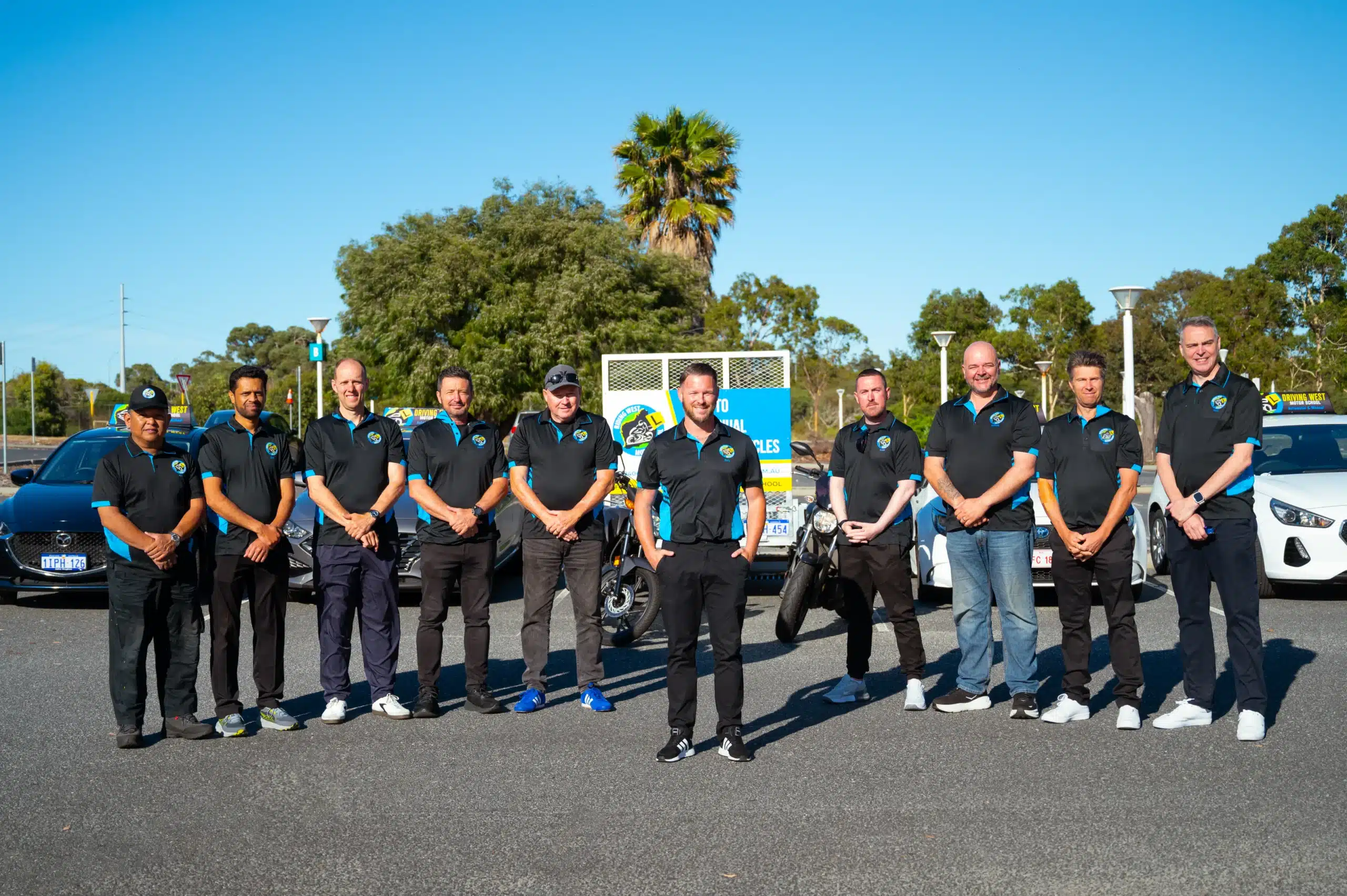Driving West The Driving West team together with their driving school cars and motorcycles in Perth