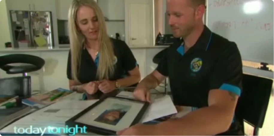 Rebekah and Dirk sharing their family story, with the Today Tonight logo visible