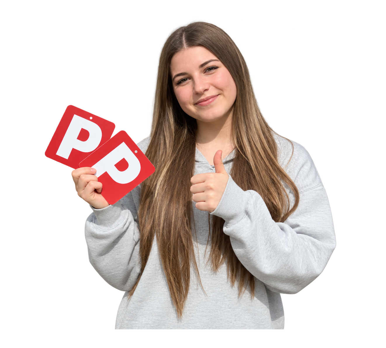 Illustration of a girl holding red P plates and giving a thumbs-up